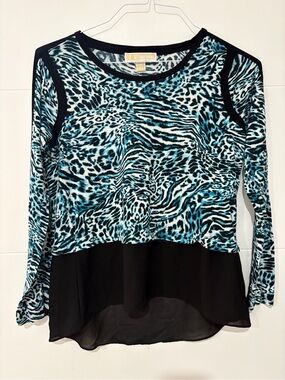 MICHAEL Michael Kors Teal and Black Animal-Print Layered Long-Sleeve Top